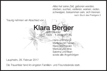 Anzeige von Klara Berger von Schwäbische Zeitung