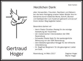 Anzeige von Gertraud Hoger von Schwäbische Zeitung