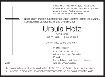 Anzeige von Ursula Hotz von Schwäbische Zeitung