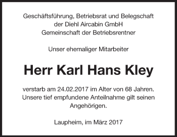 Anzeige von Karl Hans Kley von Schwäbische Zeitung