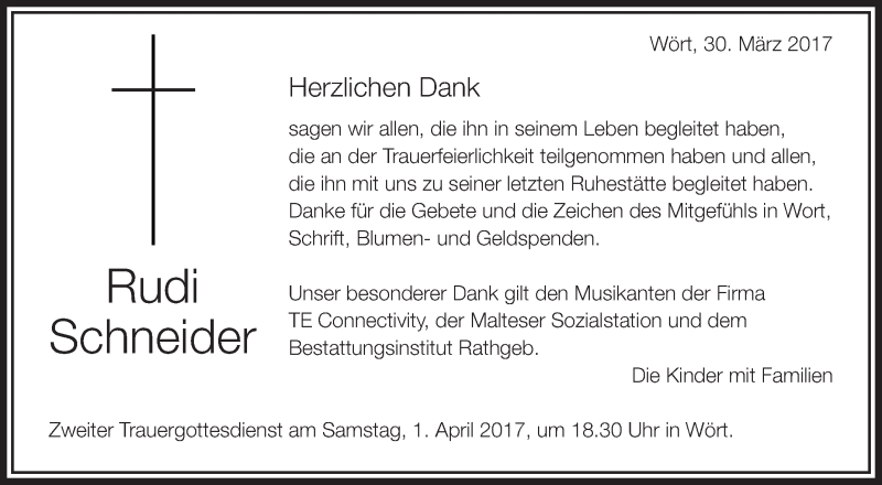  Traueranzeige für Rudi Schneider vom 30.03.2017 aus Schwäbische Zeitung