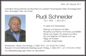 Anzeige von Rudi Schneider von Schwäbische Zeitung