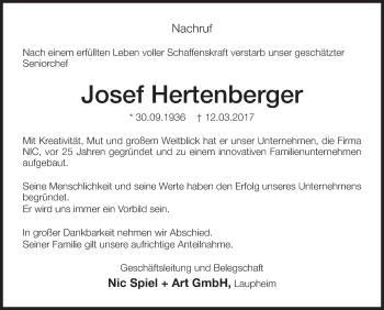 Anzeige von Josef Hertenberger von Schwäbische Zeitung