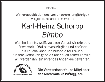 Anzeige von Karl-Heinz Schorpp von Schwäbische Zeitung