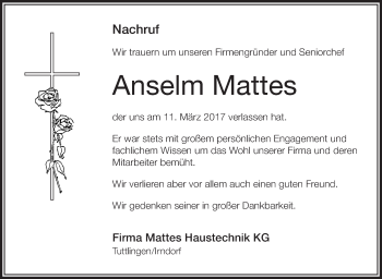 Anzeige von Anselm Mattes von Schwäbische Zeitung