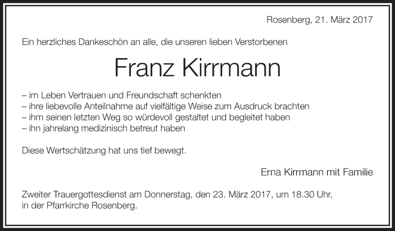  Traueranzeige für Franz Kirrmann vom 21.03.2017 aus Schwäbische Zeitung