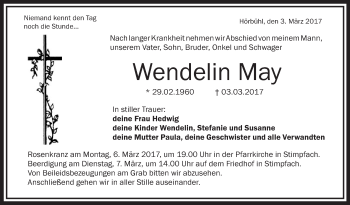 Anzeige von Wendelin May von Schwäbische Zeitung