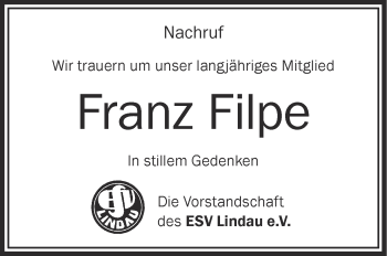Anzeige von Franz Filpe von Schwäbische Zeitung