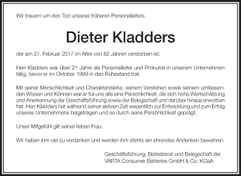 Anzeige von Dieter Kladders von Schwäbische Zeitung