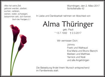 Anzeige von Alma Thüringer von Schwäbische Zeitung