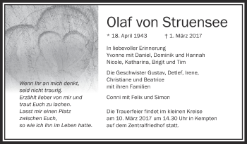 Anzeige von Olaf  von Struensee von Schwäbische Zeitung