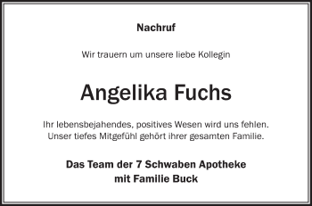 Anzeige von Angelika Fuchs von Schwäbische Zeitung