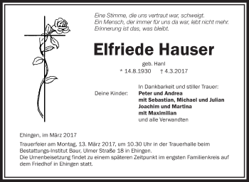 Anzeige von Elfriede Hauser von Schwäbische Zeitung