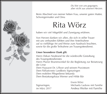 Anzeige von Rita Wörz von Schwäbische Zeitung