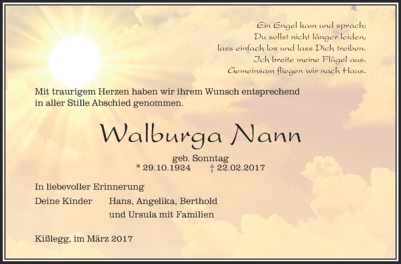  Traueranzeige für Walburga Nann vom 04.03.2017 aus Schwäbische Zeitung