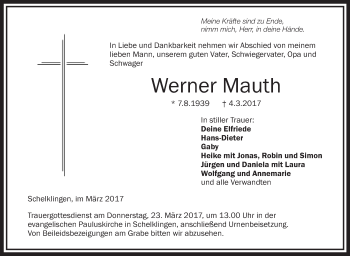 Anzeige von Werner Mauth von Schwäbische Zeitung