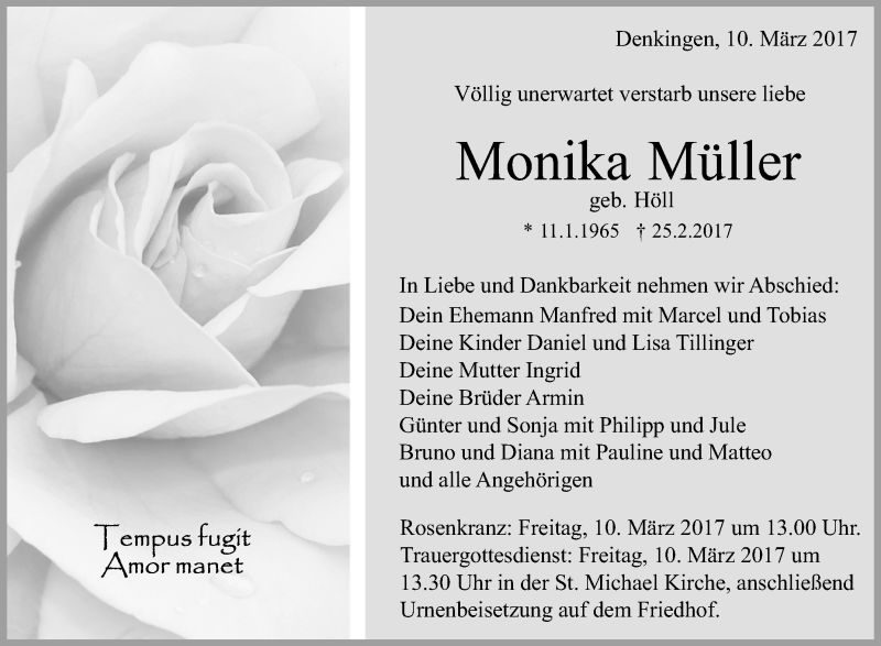  Traueranzeige für Monika Müller vom 09.03.2017 aus Schwäbische Zeitung