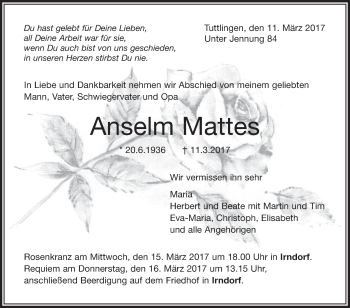 Anzeige von Anselm Mattes von Schwäbische Zeitung