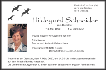 Anzeige von Hildegard Schneider von Schwäbische Zeitung