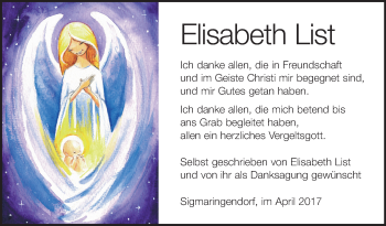 Anzeige von Elisabeth List von Schwäbische Zeitung