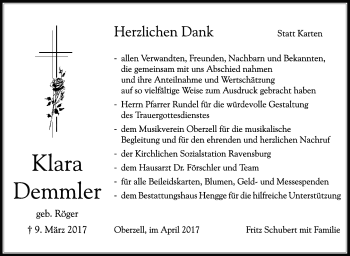 Anzeige von Klara Demmler von Schwäbische Zeitung