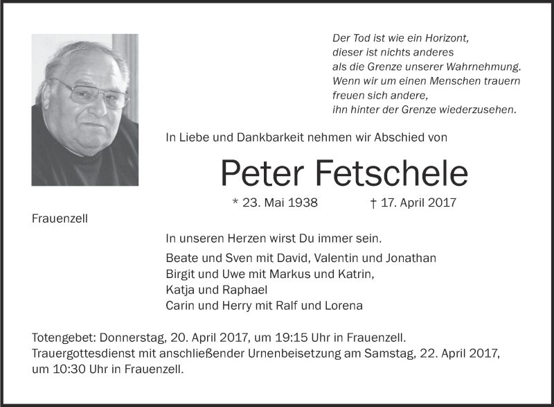  Traueranzeige für Peter Fetschele vom 19.04.2017 aus Schwäbische Zeitung
