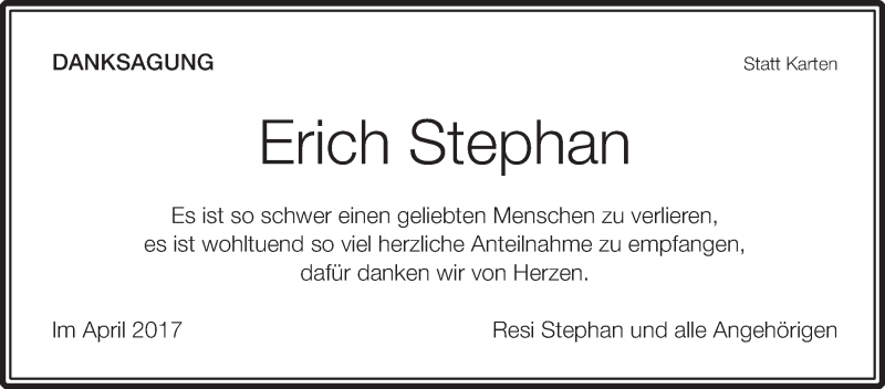  Traueranzeige für Erich Stephan vom 06.04.2017 aus Schwäbische Zeitung