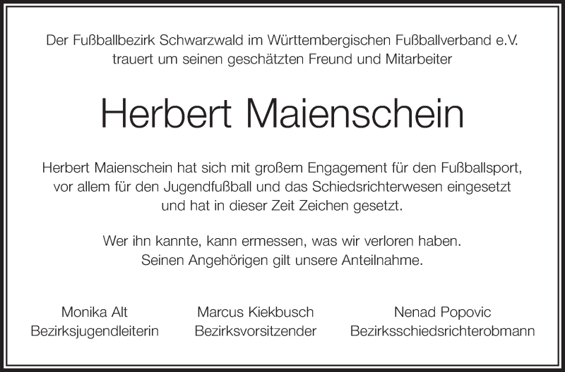  Traueranzeige für Herbert Maienschein vom 06.05.2017 aus Schwäbische Zeitung