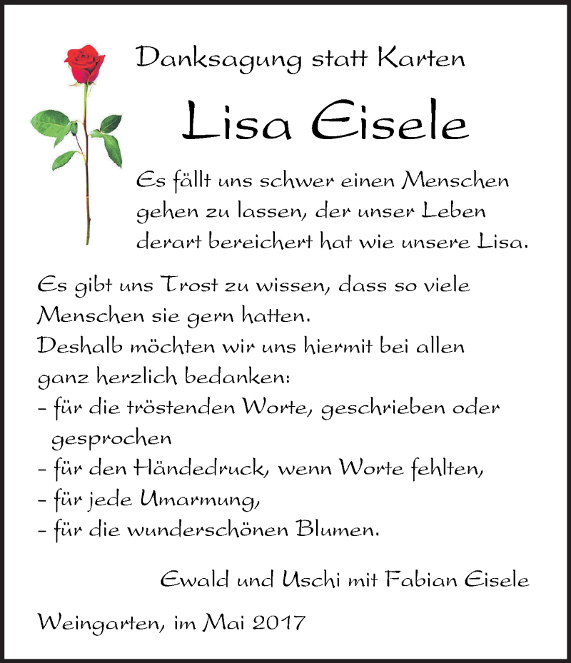  Traueranzeige für Lisa Eisele vom 06.05.2017 aus Schwäbische Zeitung