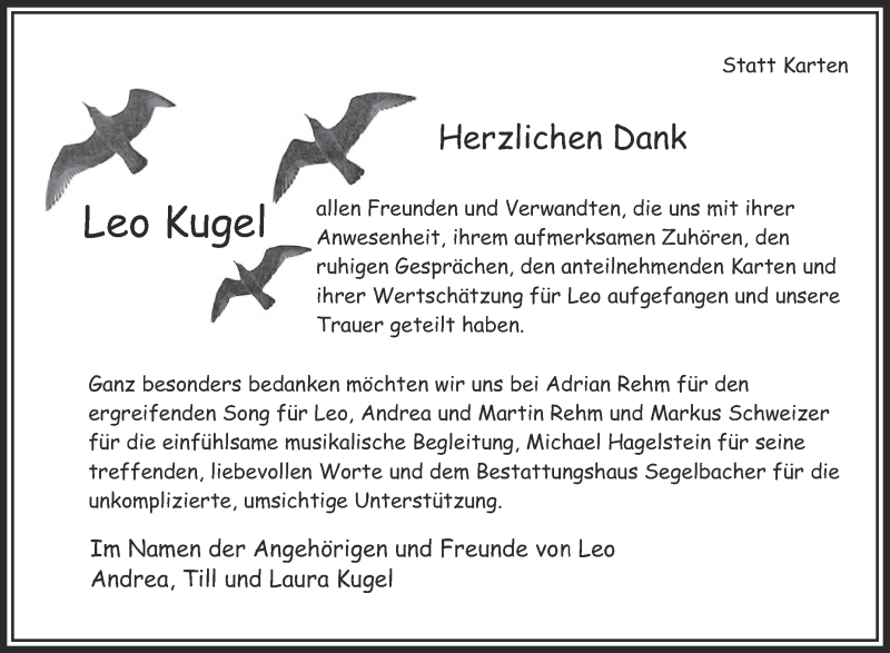  Traueranzeige für Leo Kugel vom 10.06.2017 aus Schwäbische Zeitung