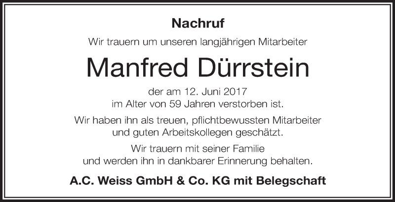  Traueranzeige für Manfred Dürrstein vom 21.06.2017 aus Schwäbische Zeitung