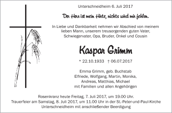 Anzeige von Kaspar Grimm von Schwäbische Zeitung