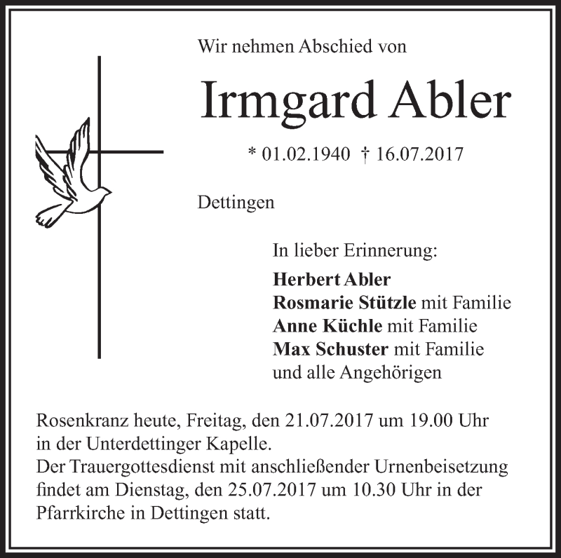  Traueranzeige für Irmgard Abler vom 21.07.2017 aus Schwäbische Zeitung