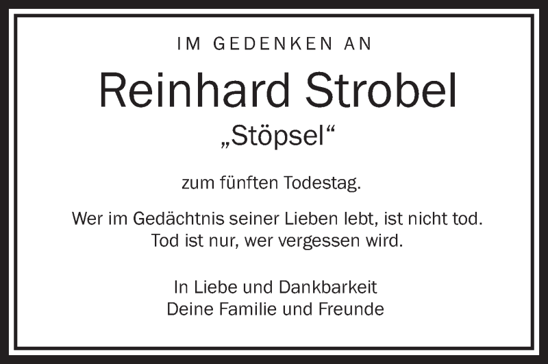  Traueranzeige für Reinhard Strobel vom 22.07.2017 aus Schwäbische Zeitung