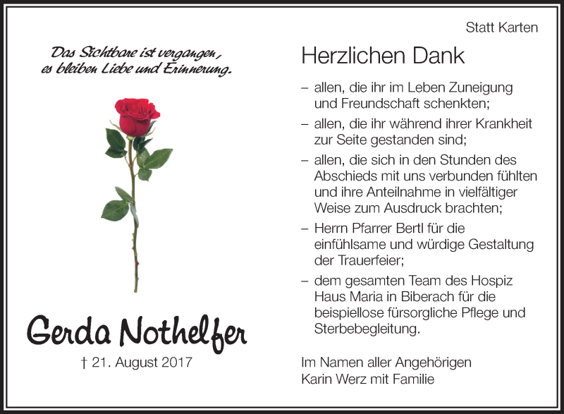  Traueranzeige für Gerda Nothelfer vom 20.09.2017 aus Schwäbische Zeitung