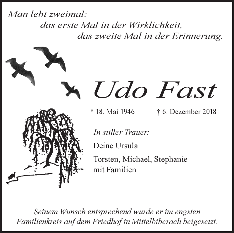 Traueranzeige für Udo Fast vom 14.12.2018 aus Schwäbische Zeitung
