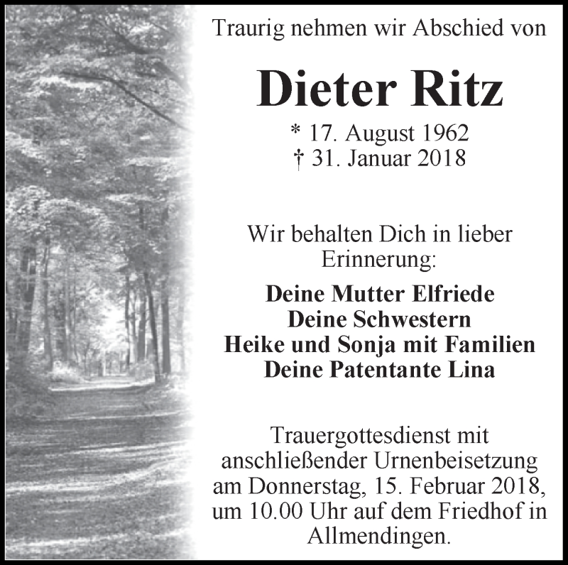  Traueranzeige für Dieter Ritz vom 10.02.2018 aus Schwäbische Zeitung