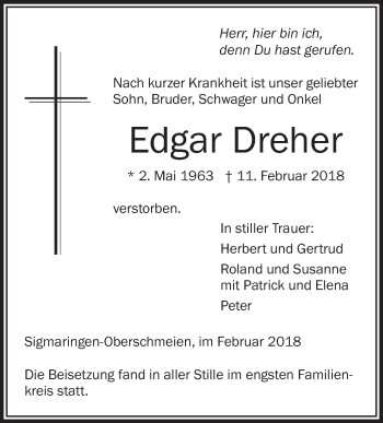 Anzeige von Edgar Dreher von Schwäbische Zeitung