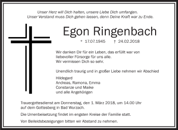 Anzeige von Egon Ringenbach von Schwäbische Zeitung