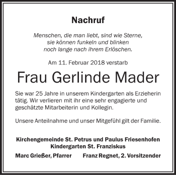 Anzeige von Gerlinde Mader von Schwäbische Zeitung