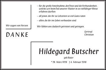 Anzeige von Hildegard Butscher von Schwäbische Zeitung