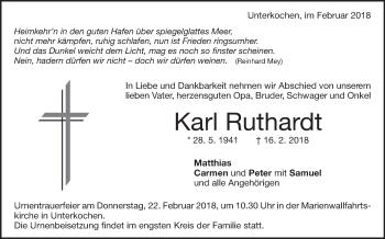 Anzeige von Karl Ruthardt von Schwäbische Zeitung