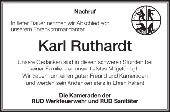 Anzeige von Karl Ruthardt von Schwäbische Zeitung