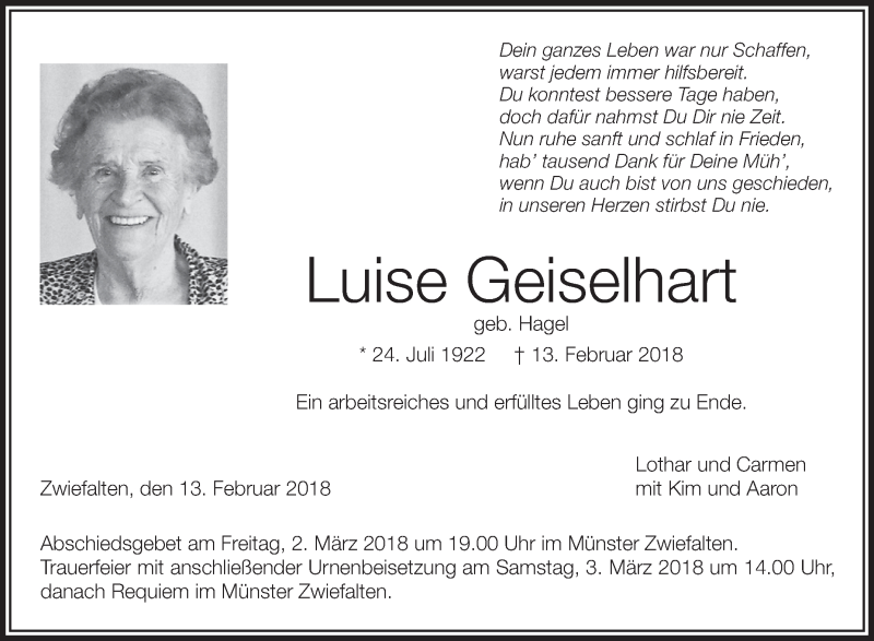  Traueranzeige für Luise Geiselhart vom 28.02.2018 aus Schwäbische Zeitung