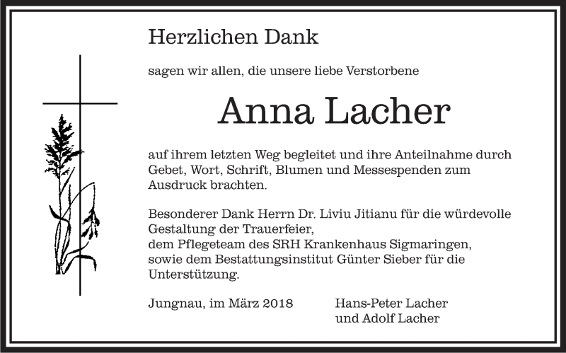  Traueranzeige für Anna Lacher vom 24.03.2018 aus Schwäbische Zeitung
