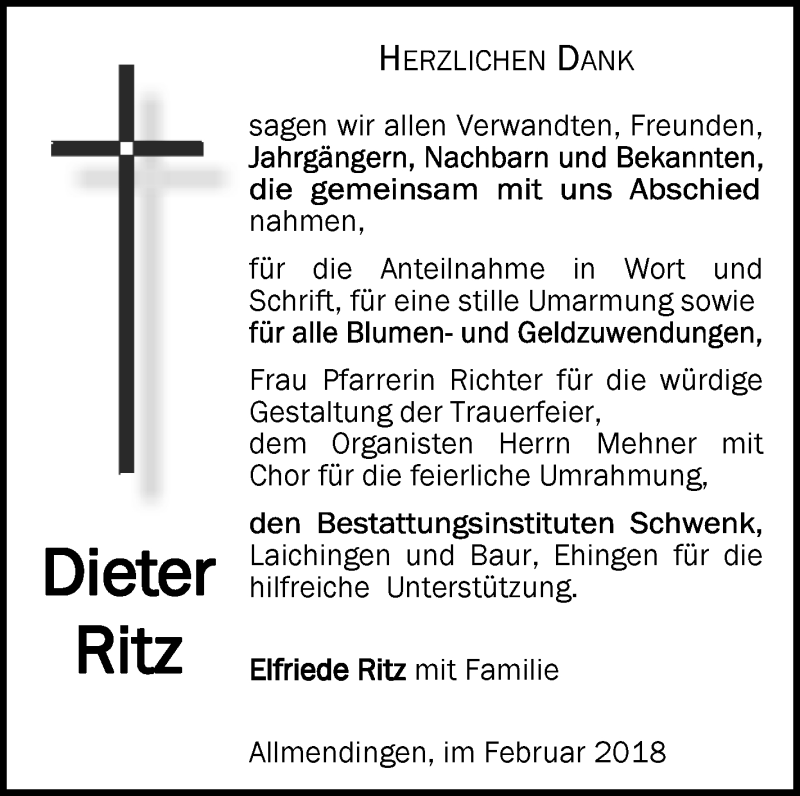  Traueranzeige für Dieter Ritz vom 06.03.2018 aus Schwäbische Zeitung