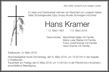 Anzeige von Hans Kramer von Schwäbische Zeitung