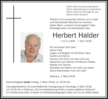 Anzeige von Herbert Halder von Schwäbische Zeitung