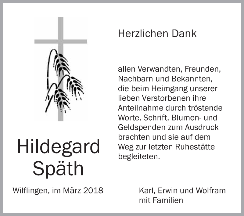  Traueranzeige für Hildegard Späth vom 16.03.2018 aus Schwäbische Zeitung