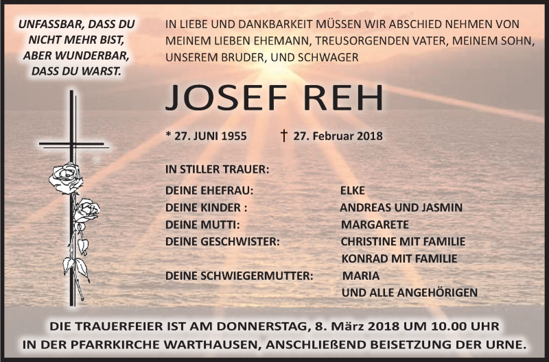  Traueranzeige für Josef Reh vom 06.03.2018 aus Schwäbische Zeitung